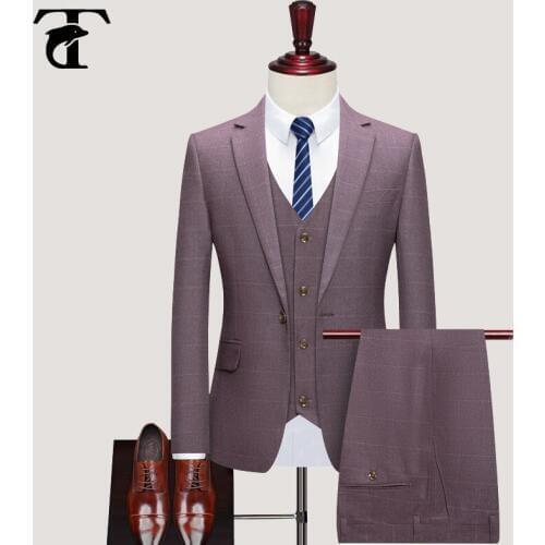 Wedding Men Suit Groom Marriage Formal Business Casual Suits Dress Banquet Gentleman Three-piece British Slim Fashion Purple