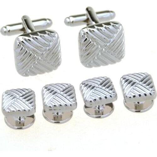 5sets/lot Tuxedo Cufflinks Collar Studs 6pcs Set Silver Square Checker Strip Cuff Links Buttons Set Mens Jewelry Wholesale