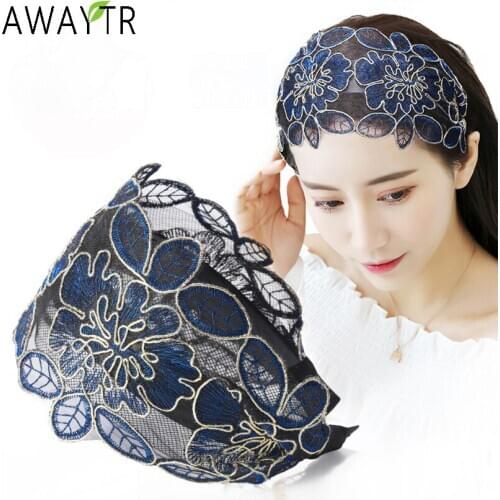 AWAYTR Lace Flowers Headband Wide Women Hair Hoop Head Bands Toothed Non-slip Elastic Hairband Bezel Hair Accessories Headdress