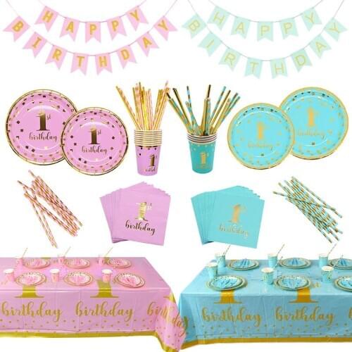 Pink Blue Disposable Tableware 1st Birthday Party Decor Kids Happy Birthday Banner One Year First Birthday Boy Baby Shower Decor