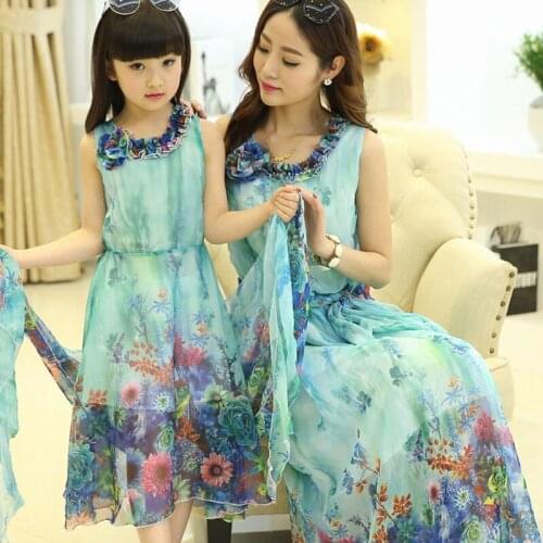 Mother Daughter Dress Sleeveless Floral Women Clothes M L XL Girl Beach Dress for 4-14 Years Family Matching Long Dresses