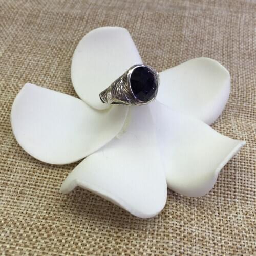 [S925]silver inlaid blue sandstone retro pattern exquisite hollow ring opening