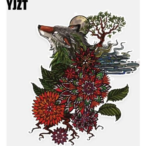 YJZT 14CM*17CM Beautiful Flowers And Wolf Reflective PVC Decal Car Sticker 5-0869