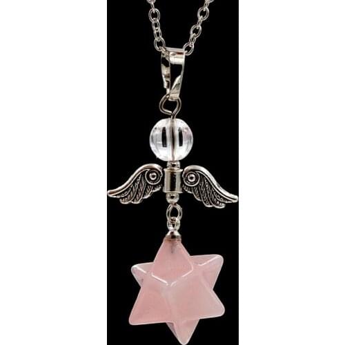 YJXP Silver Plated Natural Rose Pink Quartz Pendant Angel Wing Necklace with Round Bead Jewelry