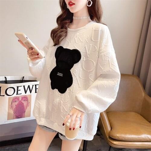 Womens Sweatshirts Harajuku Couples Overszie Letter Jacquard O-neck Pullovers Long Sleeve Loose Autumn Spring Bear Streetwear