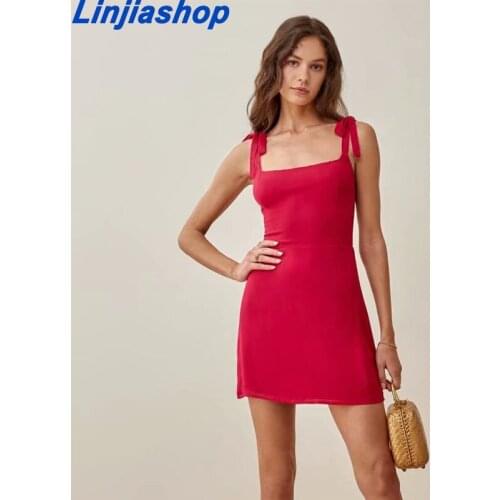 Women 2021 Summer Red Mini Dresses For Women Streetwear Square Neck Sleeveless Strapled Sexy Dress