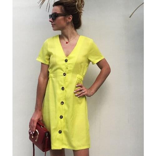 AECU Womens Mini Dress Short Sleeve V Neck Button Down Swing Midi Dress Solid Color Sexy Casual A-Line Beach Loose Sundress