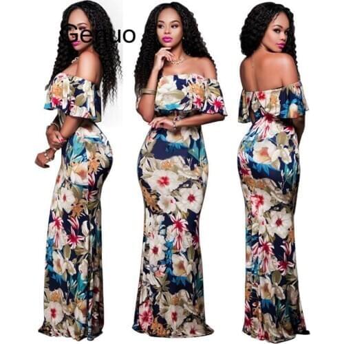 Women Boho Maxi Dress Summer Style Off Shoulder Ruffled Floral Print Backless Long Dresses Feminine Floor Length Gown