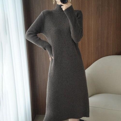 Autumn Winter New Women Middle Length Loose And Thin Over The Knee Fashion Foreign Style Long Sleeve Bottom Knitted Dress Lady