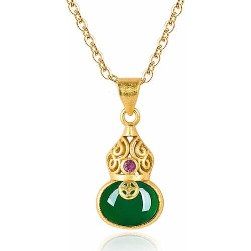 Fashion Vintage Small Gourd Green Jade Crystal Emerald Gemstones Pendant Necklaces for Women 14k Gold Color Choker Jewelry Gifts