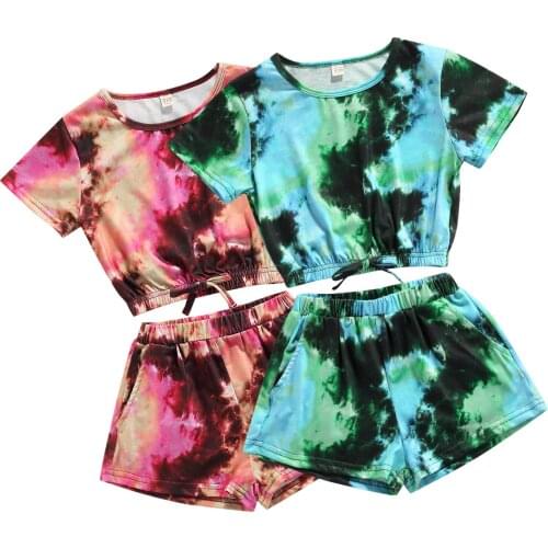 2Pcs Kids Summer Outfit, Tied-Dye O-Neck Short Sleeves T-Shirt + Elastic Waist Shorts with Pockets for Girls, 4-9 Years