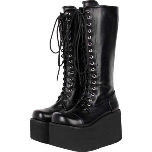 Angelic imprint Women motorcycle cool punk boots lady lolita shoes woman high heels pumps wedges heel lace up 33-47 10cm 9610