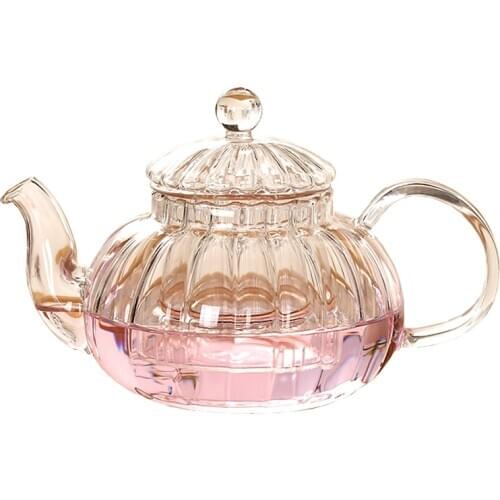 600ml Striped pumpkin shape flower teapot,Heat Resistant Glass Pot,Flower TeaCup Glass Teapot with Infuser Tea Leaf Herbal