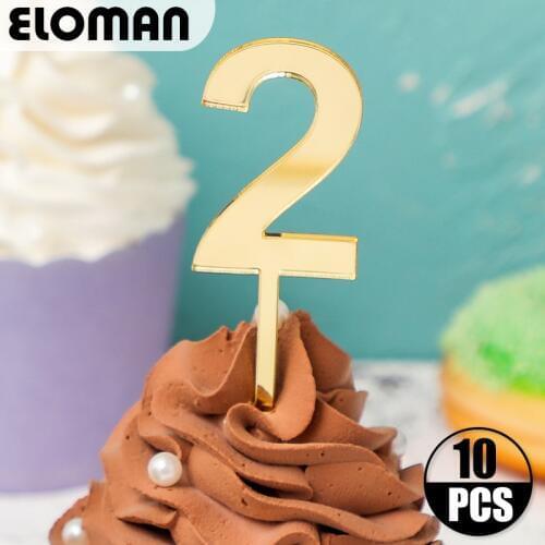 Birthday cupcake number Topper ELOMAN Gold Acrylic Cake Top Flag Decoration for Boy and girl Birthday Party Wedding Supplies