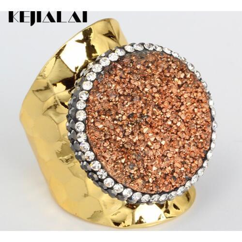 KEJIALAI Luxury Jewelry Orange Druzy Raw Angular Semi Precious Stone Charm Pave Rhinestone Golden Metal Adjustable Open Ring
