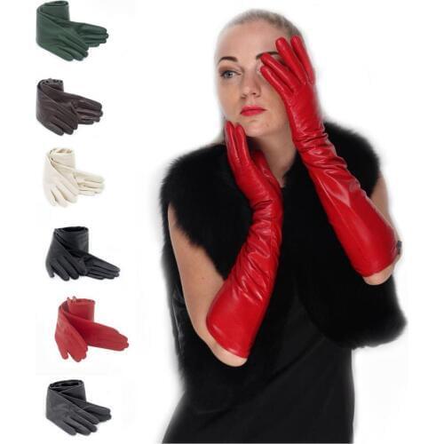 Women new top real sheep leather evening warm elbow long gloves black red grey beige green blue
