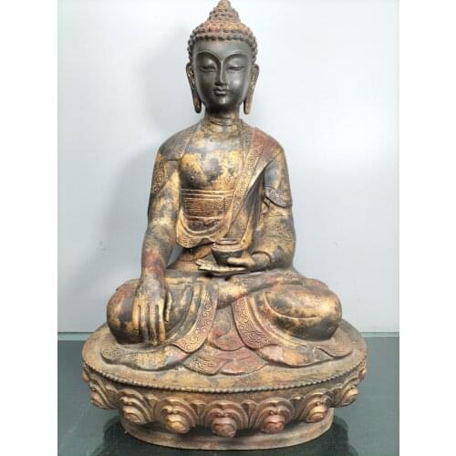 17"Chinese Folk Collection Old Bronze Cinnabar Lacquer Shakyamuni Buddha Amitabha Enshrine the Buddha Ornaments Town House