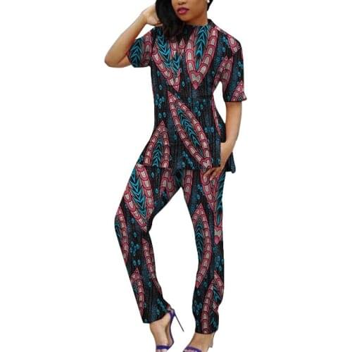 Colorful Print Women Short Sleeve Tops Match Pants Set Clothes African Suits Ghana Fashion Custom Made Wedding Garments