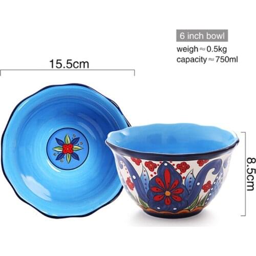 European Style Breakfast Bowl Household Ceramic Dessert Bowl Dinnerware with Flower Print Plate Bowl Tableware Dish Steak Plate