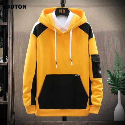 JDDTON Mens Hoodies Men Spring Patchwork Sweatshirt Japanese Streetwear Harajuku Hip Hop Oversized Yellow Hoodie Men JE690