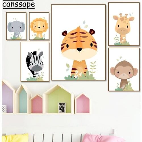 Jungle Animals Canvas Print Giraffe Elephant Zebra Nursery Wall Art Poster Paintings Nordic Safari Wall Pictures Baby Room Deocr