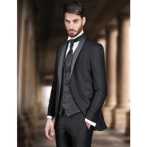 Latest Design One Button Black Groom Tuxedos Shawl Lapel Groomsmen Mens Wedding Prom Suits (Jacket+Pants+Vest+Tie) NO:198