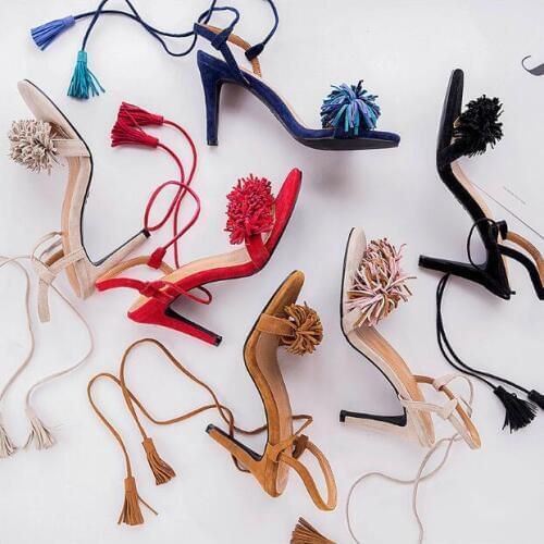 2017 new summer colorful suede leather tassel high heel woman sandals sexy cross strap woman tassle lace up sandal high heel