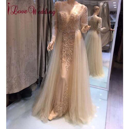 New Arrival Sexy V Neck Heavy Beaded Evening Gown Long Sleeves Arabic Style Formal Long Evening Dresses