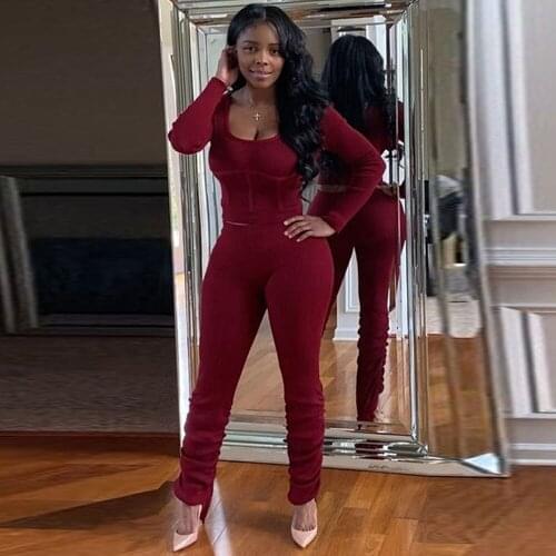 Solid Autumn Two Piece Set Women Autumn Fall Hipster Long Sleeve Waist Shaped Crop Top+stacked Jogger Pant Jogging Outfits