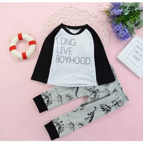 Autumn Toddler Boy Casual 2PCS Set O-Neck Lettering Dropped Shoulder T-shirt Cute Dinosaur Print Elastic Waist Pants Outfits