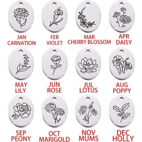 Necklace/bracelet jewelry making 24pcs 12*16mm Mirror polished stainless steel month birthday flower oval birth Flower Pendant