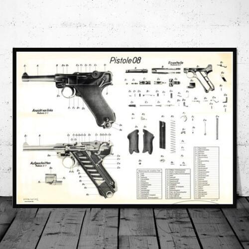Posters And Prints Gun Blueprint Luger Pistol Patent Chart Wall Art Picture Vintage Canvas Painting Art Decorative Home Decor
