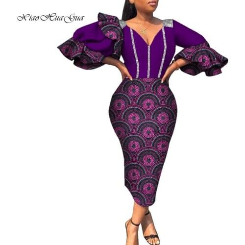 African Women Dress Ankara V Neck Puff Long Sleeve Dress Bodycone Africaine Wax Print Party African Dresses for Women WY9321