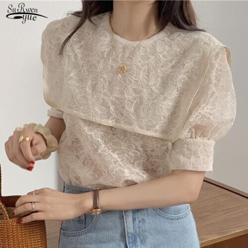 2021 High Quality Chic Lady Half Sleeves Sweet Girls Loose Shirt Tops Korean Fashion Embroidery Lace Cute Clothing Blusas 9955