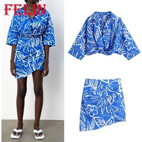 FELIN Za 2021 Boho Women Floral Print Drapped Loose Short Shirts and High Waist Beach Pleated Mini Skirts Stylish Women Sets