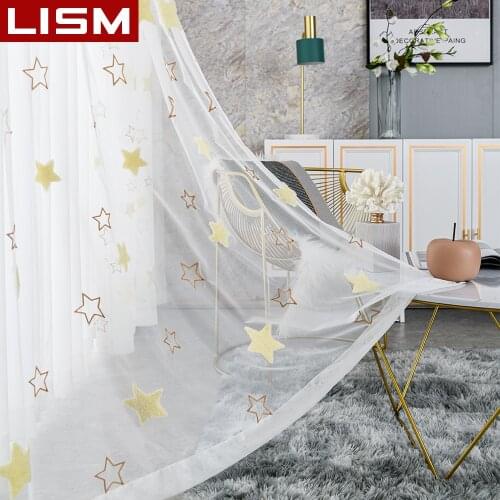 LISM Stars Embroidered Sheer Curtain Window Kitchen Tulle Voile Curtains for Living Room Bedroom Kitchen Window Treatment Drapes