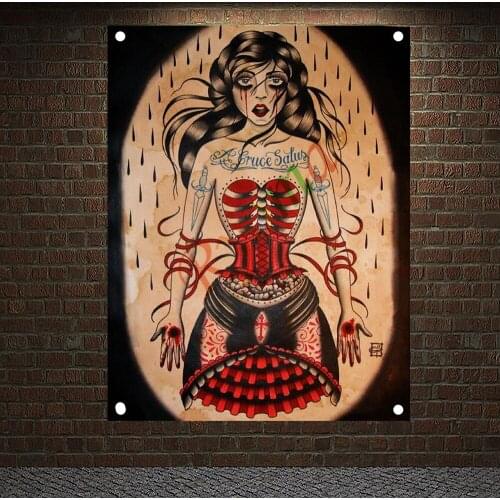 Scary Bloody Tattoo Art Print Posters Banners Wall Chart Senior Art Waterproof Cloth Tapestry Flag Barber Shop Decor Upholstery