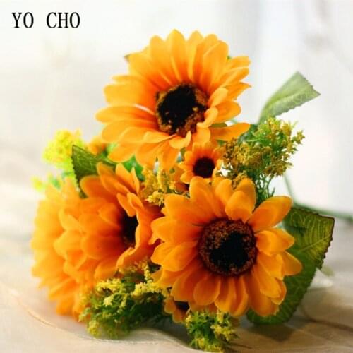 YO CHO Wedding Bouquet Bridesmaids Holding Flowers Artificial Silk Sunflower Babys Breath Bouquet DIY Home Party Prom Supplies