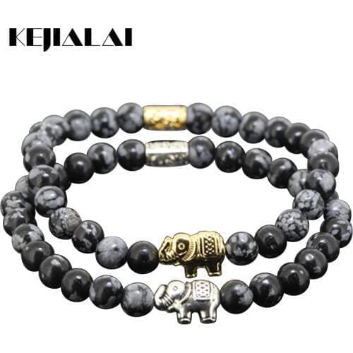 2pcs New Natural 6mm Round Black Snowflak Stone Beads Women Bracelet Beaded Animal Elephant Girl Charm Bracelet As Lucky Gift