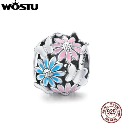WOSTU 925 Sterling Silver Flower & Butterfly Bright Daisy Charms Pendant Fit Bracelet Women Fashion Jewelry Making Gift ECC1837