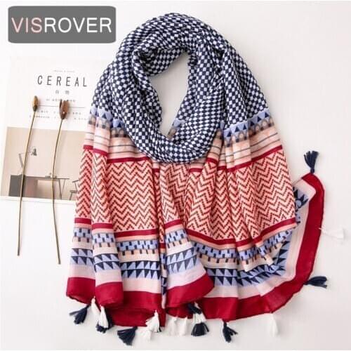 VISROVER 2020 geometri printing viscose summer scarf with small fringer Fashion beach Wraps Spring Shawls Hijab gift wholesales