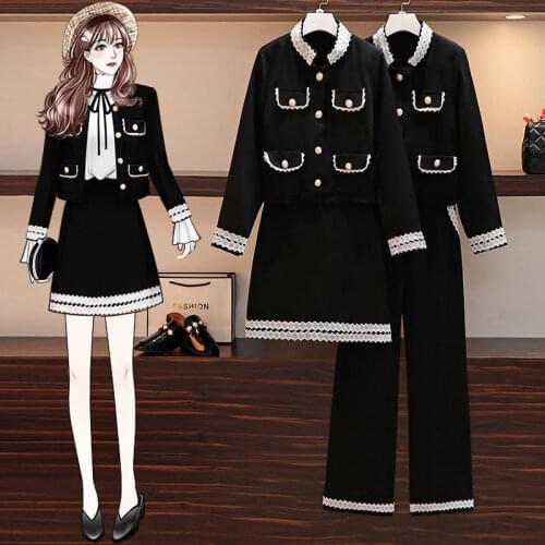 Womens Autumn 2021 New Two-Piece Suit Cute Jacket + Short Skirt + Wide Leg Pants Suit Female Black Sets