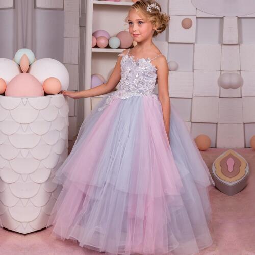 2017 New Arrival High Quality Colorful Sequin Crystal Lace Flower Girl Dress Spaghetti Straps First Communion Dresses For Girls