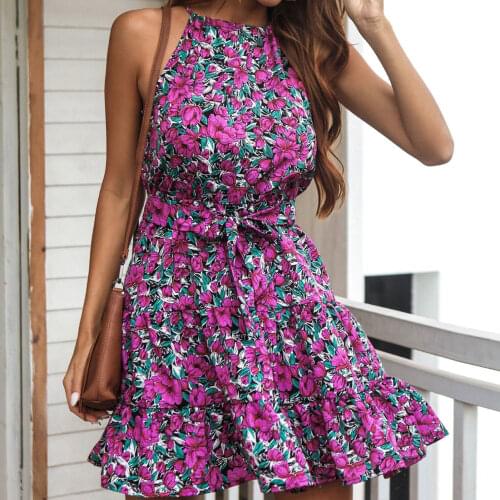 Summer Dress Sleeveless High Waist Female Women Halter Floral Print Dress for Picnic Sexy Ladies aliexpress uk