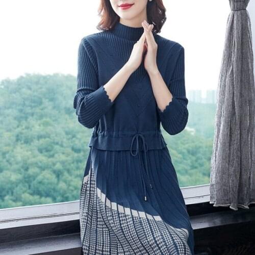 Elegant Long Sleeve Turtleneck Sweater Dress Women Knit New Autumn Winter Drawstring Patchwork Dress Female Basic Casual Dresses