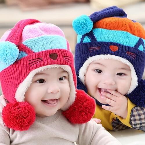1pieces cap Baby winter hats Suitable 6-36 months old baby hats Cute Cat ear cap Childrens Kit Lens Cap Winter Thick Warm Cozy