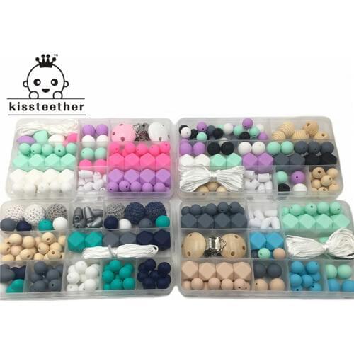 4pc DIY Baby Teether Accessories Geometry Hexagonal Round Silicone Bead Wooden Bead And Crochet bead Pacifier Clips For Bracelet