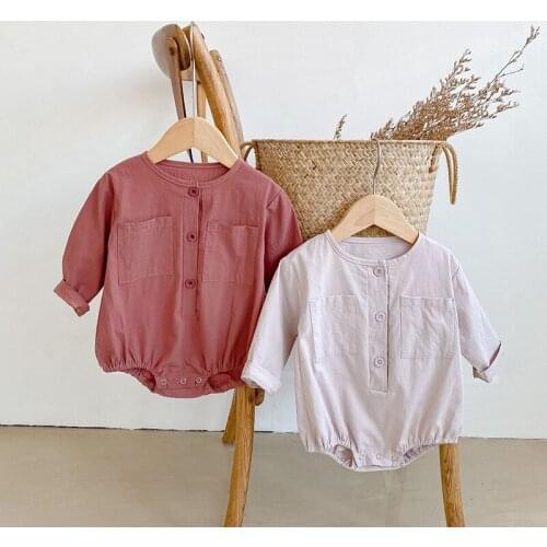 Baby Boy Girl Bodysuits Autumn New Solid color Pocket Infant Long Sleeve Cotton Triangle Jumpsuit Baby Clothes Outfit One-piece