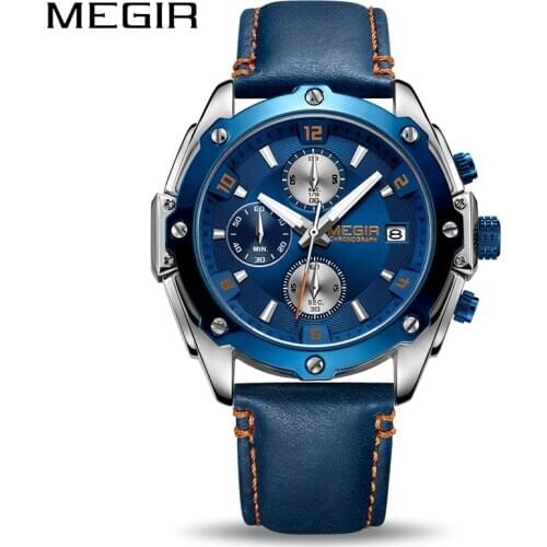 MEGIR Chronograph Men Watch Relogio Masculino Blue Leather Business Quartz Watch Clock Men Creative Army Military Wrist Watches
