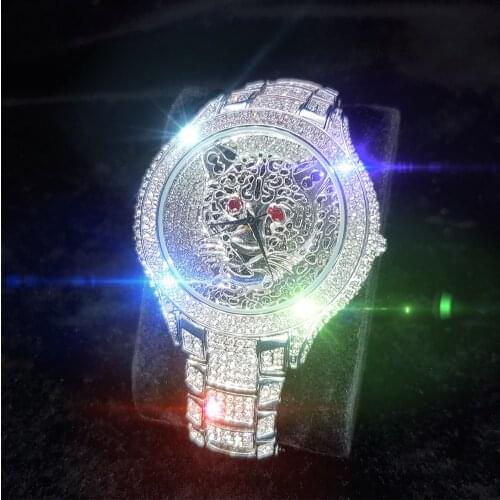 MISSFOX Tiger Head Mens Quartz Watch 3d Hollow Dial White Gold Round Wristwatch For Men Diamond Waterproof Wedding Watches Man